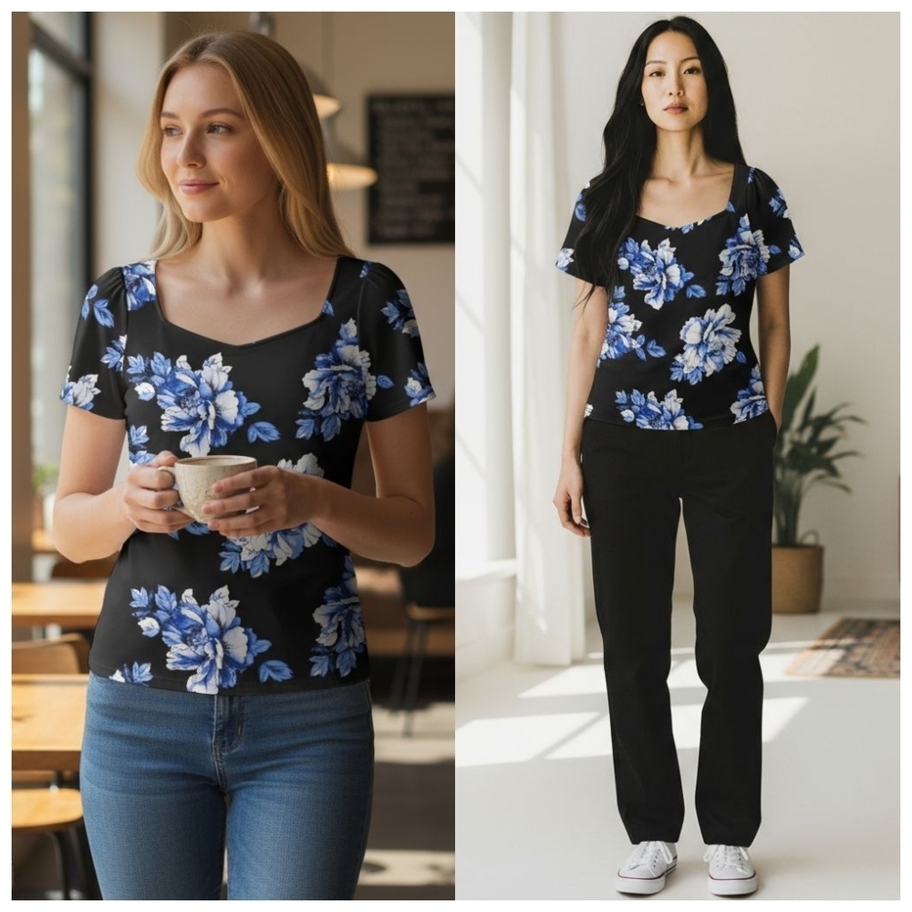 WHBM Womens Floral Sweetheart Neckline Knit Top Medium Black Peony Romantic Chic